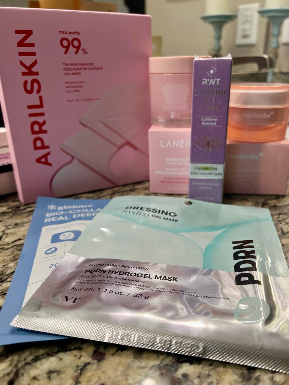 Korean skincare bundle of moisturizers, masks & caffeine eye serum.